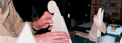 Joan Pedragosa in his studio, in the process of making and assembling wooden prototypes.